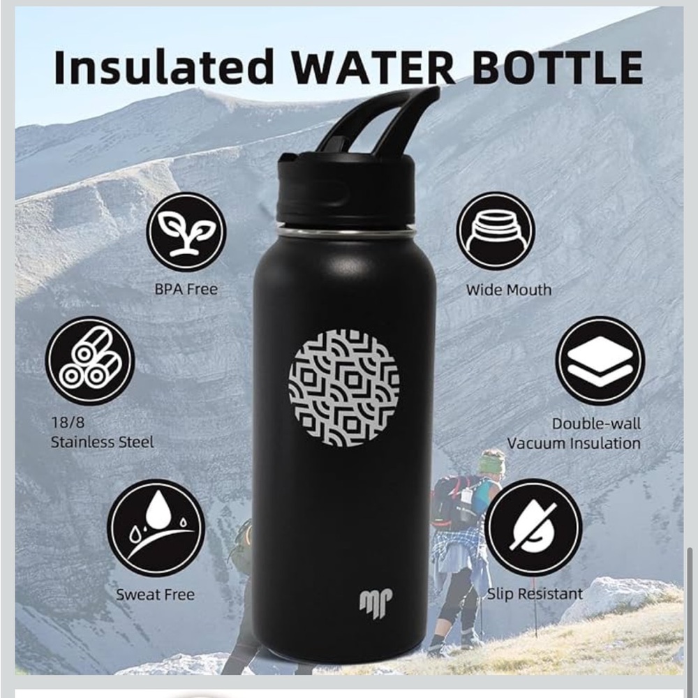 Black Stainless Water Bottle with Straw Lid - Picture 4 of 11
